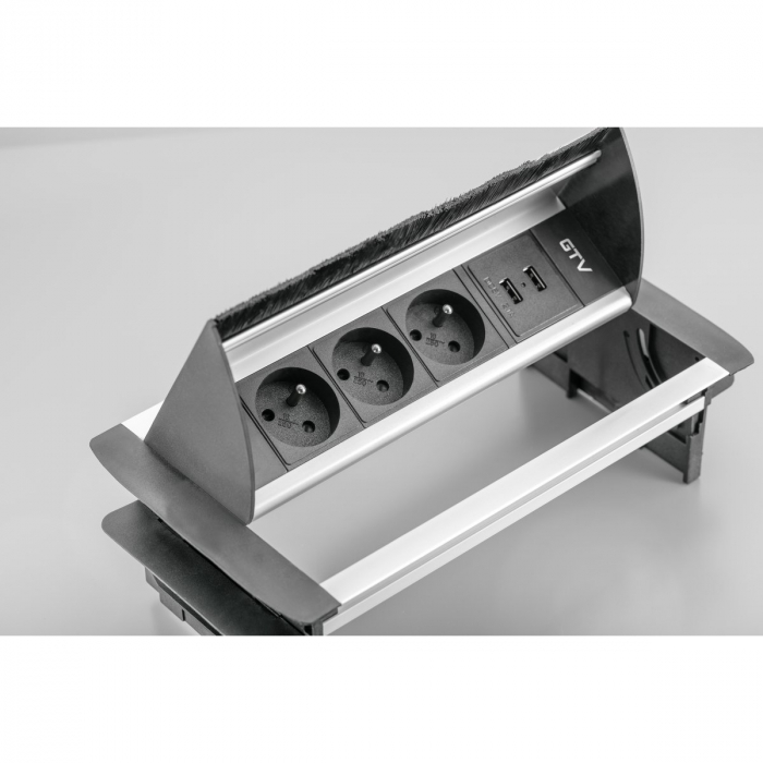 Priza incorporabila in blat dreptunghiulara cu perii, 3 prize Schuko si 2 porturi incarcare USB tip A, finisaj aluminiu [3]