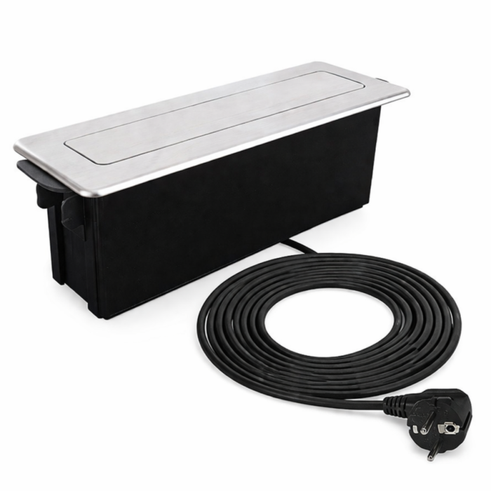 Priză încorporabilă în blat Design Light Hop Box, 3 prize Schuko, USB A + C, oțel inoxidabil periat / negru, 273 x 93 mm [2]