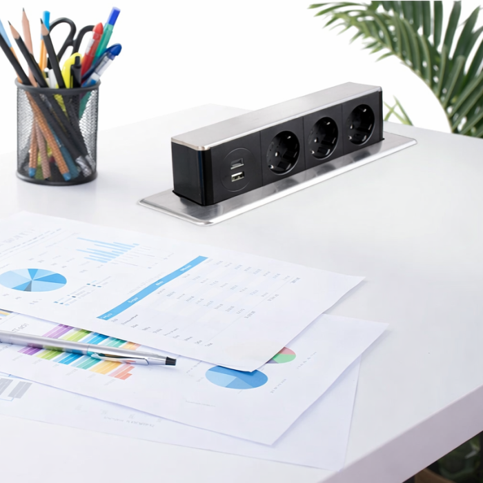 Priză încorporabilă în blat Design Light Hop Box, 3 prize Schuko, USB A + C, oțel inoxidabil periat / negru, 273 x 93 mm [5]