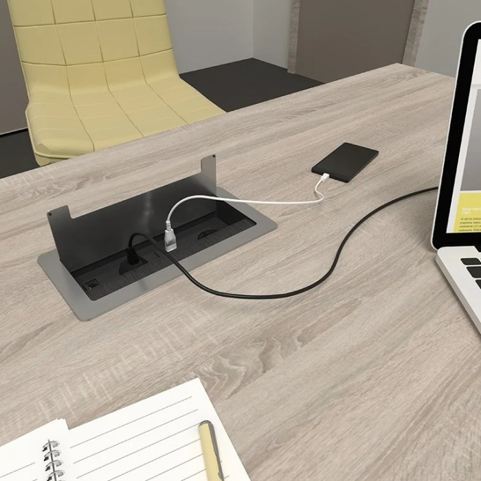 Priză încorporabilă în blat Design Light Inbox, 2 prize Schuko, 2 x USB A, HDMI, RJ45, argintiu periat, 271 x 136 mm [6]