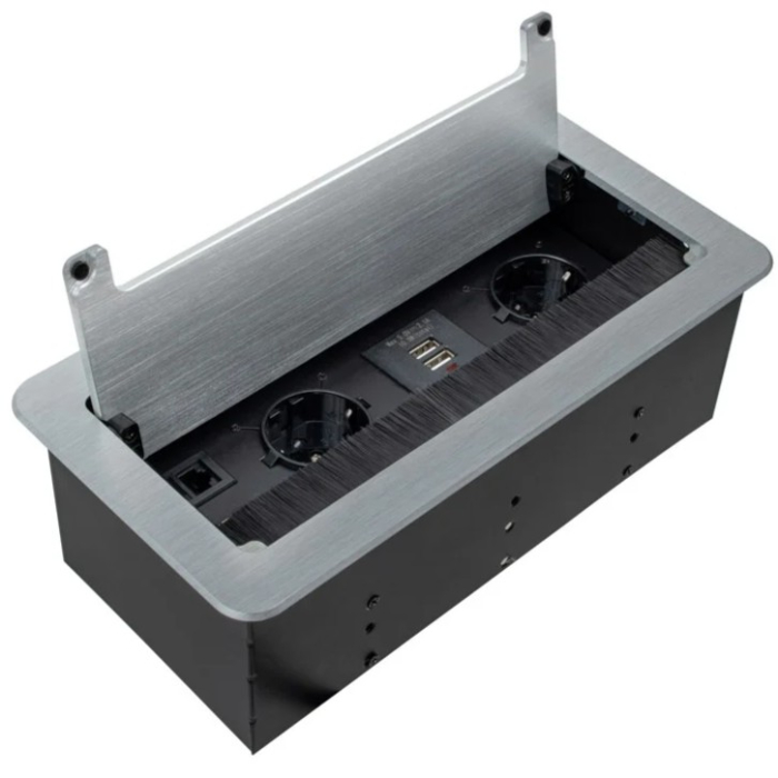 Priză încorporabilă în blat Design Light Inbox, 2 prize Schuko, 2 x USB A, HDMI, RJ45, argintiu periat, 271 x 136 mm [3]
