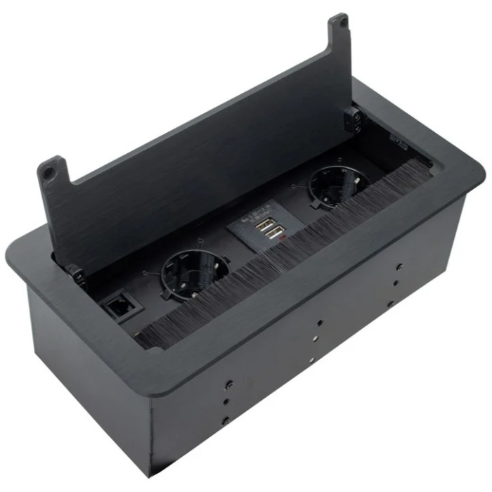 Priză încorporabilă în blat Design Light Inbox, 2 prize Schuko, 2 x USB A, HDMI, RJ45, negru, 271 x 136 mm [3]