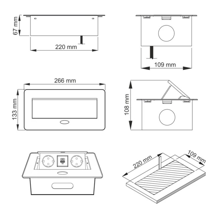 Priză încorporabilă în blat Design Light Kombibox, 2 prize Schuko, USB A + C, alb, 266 x 133 mm [3]