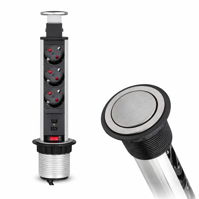 Priză încorporabilă în blat Design Light Lift Box, 3 prize Schuko, 2 porturi USB, inox, 71 x 328 mm [2]