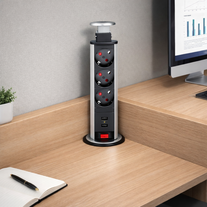 Priză încorporabilă în blat Design Light Lift Box, 3 prize Schuko, 2 porturi USB, inox, 71 x 328 mm [4]