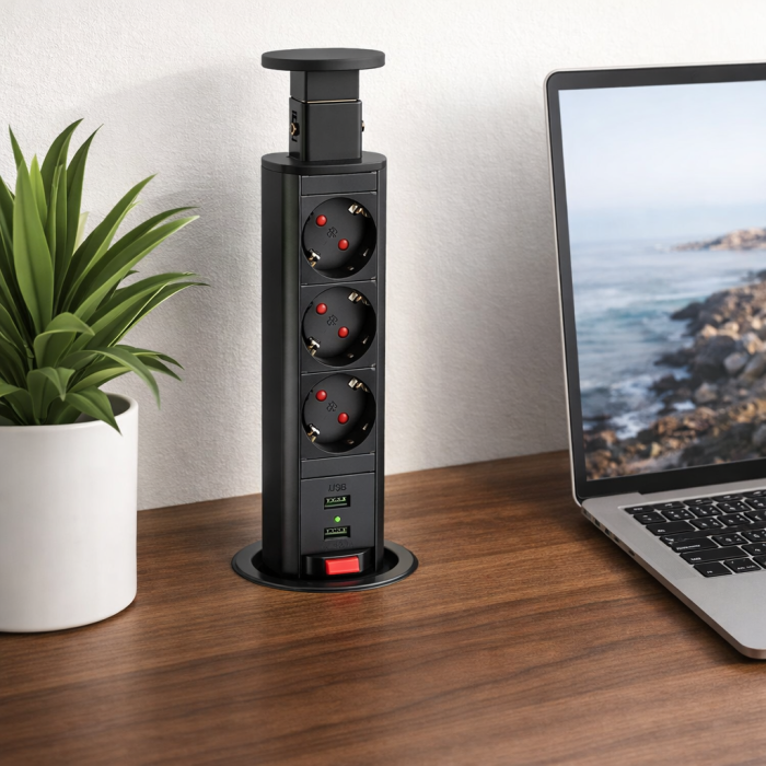Priză încorporabilă în blat Design Light Lift Box, 3 prize Schuko, 2 porturi USB, negru, 71 x 328 mm [4]