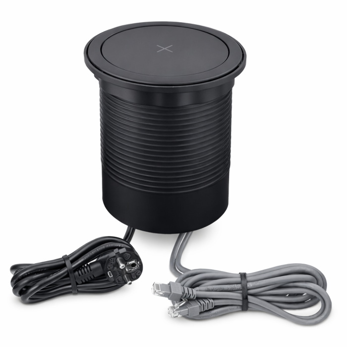 Priză încorporabilă în blat Design Light Multi Box, 4 prize Schuko, 2 x USB A, 2 x RJ45, încărcător wireless, negru, 268 x 120 mm [2]