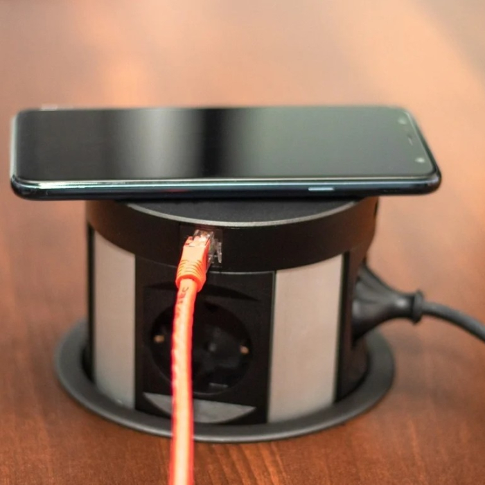 Priză încorporabilă în blat Design Light Multi Box, 4 prize Schuko, USB A + C, 2 x RJ45, încărcător wireless, negru, 268 x 120 mm [4]