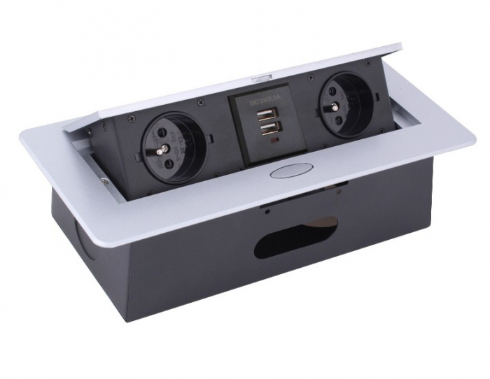 Priza incorporabila in blat dreptunghiulara Kombibox, finisaj aluminiu, 2 prize Schuko + 2 USB si incarcator incorporat, 266x133 cm [2]