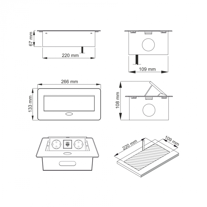 Priza incorporabila in blat dreptunghiulara Kombibox, finisaj alb, 2 prize Schuko, 1 port incarcare USB tip A, 1 port incarcare USB tip C, 266x133 cm [4]