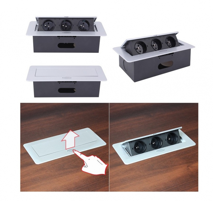 Priza incorporabila in blat dreptunghiulara Kombibox tripla, finisaj aluminiu, 266x133 mm [2]