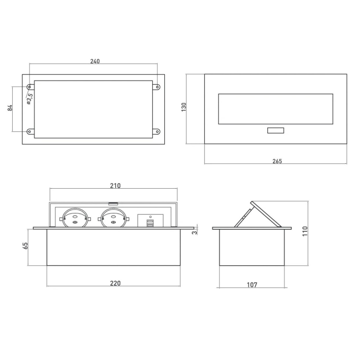 Priză încorporabilă în blat GTV, 2 prize Schuko, USB A + C, negru, 265 x130 mm [7]