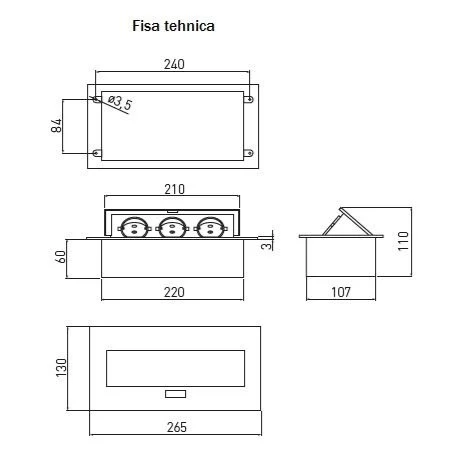 Priză încorporabilă în blat GTV, 3 prize Schuko, aluminiu, 265 x 130 mm [2]