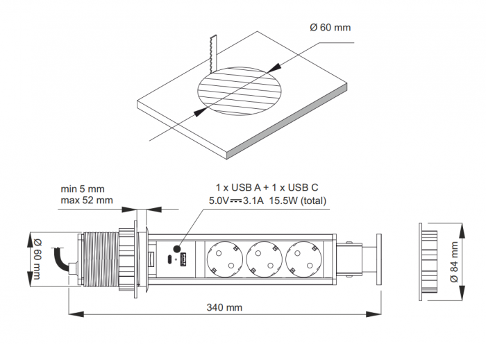 Coloana 3 prize Schuko, 1 port incarcare USB tip A si 1 port incarcare USB tip C, incorporabila in blat Lift Box, finisaj negru [5]