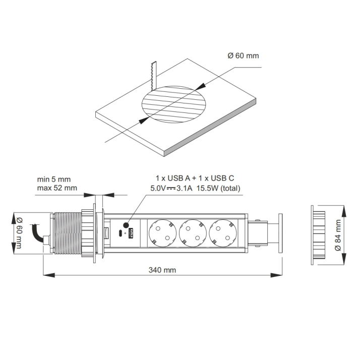Coloana 3 prize Schuko, 1 port incarcare USB tip A si 1 port incarcare USB tip C, incorporabila in blat Lift Box, finisaj negru [5]