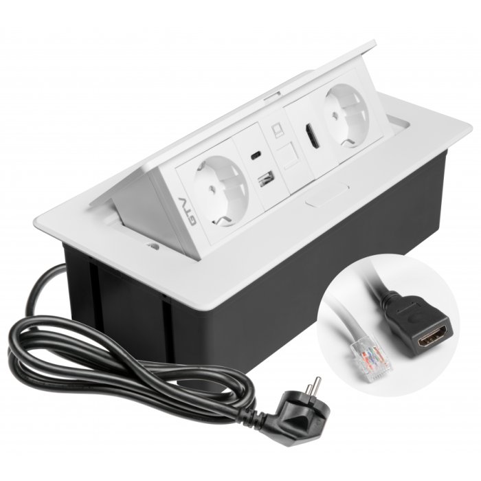 Priza incorporabila in blat Multi Soft, cu 2 prize Schuko, 2 porturi incarcare USB tip A + C, 1 port HDMI si 1 port RJ45, finisaj alb [8]