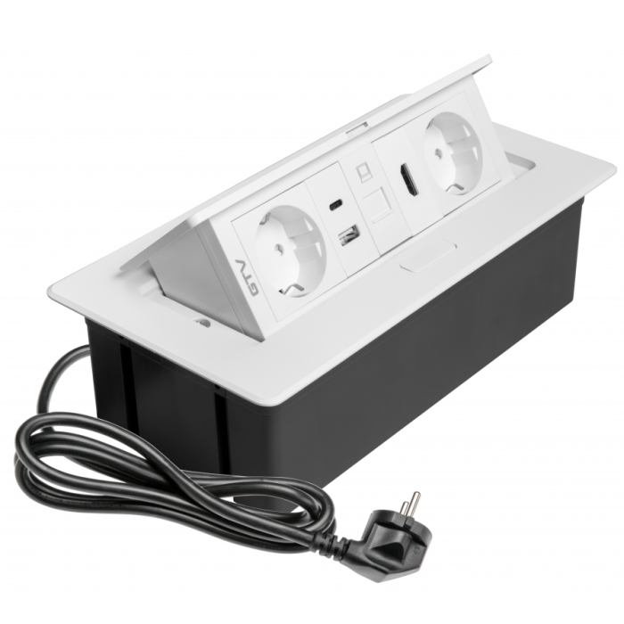 Priza incorporabila in blat Multi Soft, cu 2 prize Schuko, 2 porturi incarcare USB tip A + C, 1 port HDMI si 1 port RJ45, finisaj alb [1]