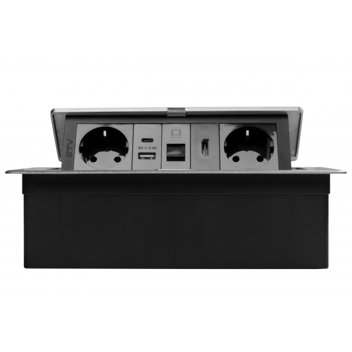 Priza incorporabila in blat Multi Soft, cu 2 prize Schuko, 2 porturi incarcare USB tip A + C, 1 port HDMI si 1 port RJ45, finisaj aluminiu [2]