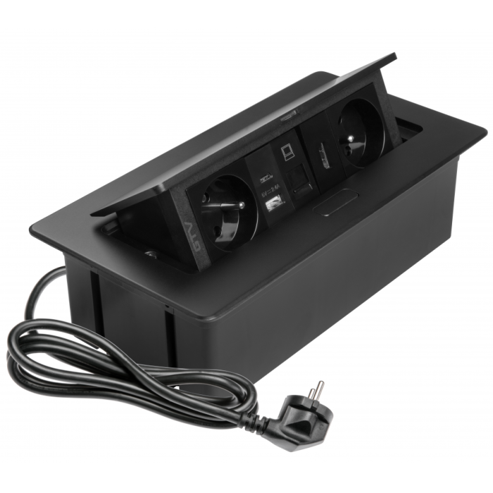 Priza incorporabila in blat Multi Soft, cu 2 prize Schuko, 2 porturi incarcare USB tip A + C, 1 port HDMI si 1 port RJ45, finisaj negru [1]