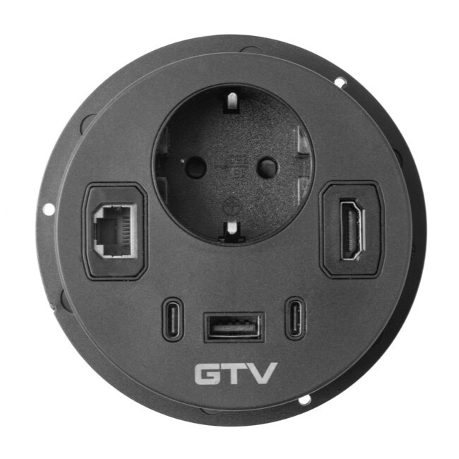Priză încorporabilă în blat Rondo GTV, 1 priză Schuko, 1 x USB A, 2 x USB C, HDMI, RJ45, negru, D:90 mm [2]