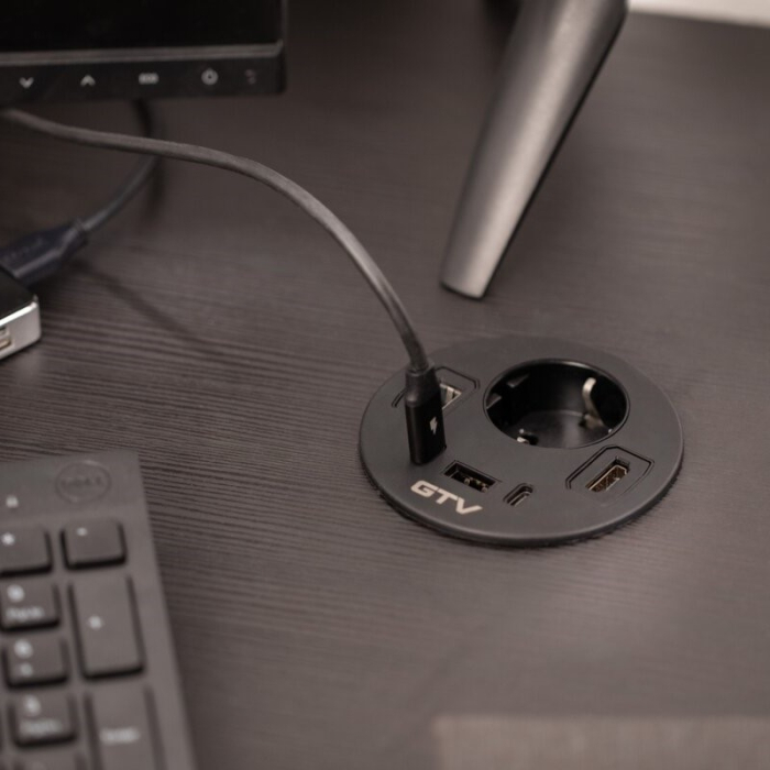 Priză încorporabilă în blat Rondo GTV, 1 priză Schuko, 1 x USB A, 2 x USB C, HDMI, RJ45, negru, D:90 mm [6]