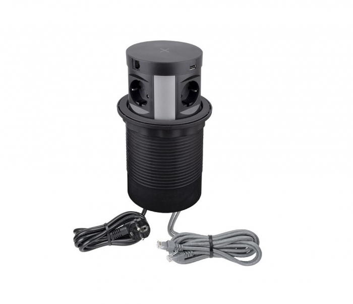 Priza incorporabila pop-up Multi Box cu 4 prize Schuko, 1 port incarcare USB tip A, 1 port incarcare USB tip C 2 porturi retea si incarcator wireless pentru telefon [1]