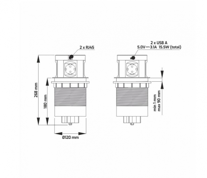 Priza incorporabila pop-up Multi Box cu 4 prize Schuko, 1 port incarcare USB tip A, 1 port incarcare USB tip C 2 porturi retea si incarcator wireless pentru telefon [5]