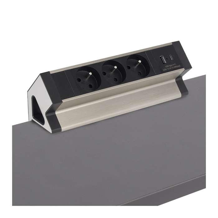 Priză pentru birou Design Light Desk Box, 3 prize Schuko, USB A + C, oțel periat / negru, 244 x 82 mm [2]