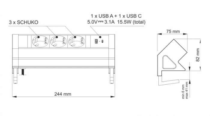 Priză pentru birou Design Light Desk Box, 3 prize Schuko, USB A + C, oțel periat / negru, 244 x 82 mm [6]