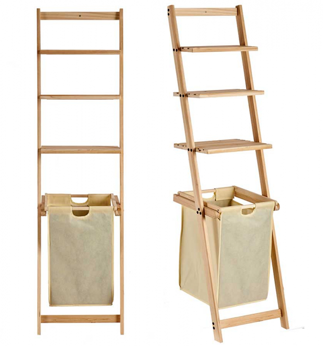 Raft din lemn natur cu spatiu de depozitare din panza, bej [2]