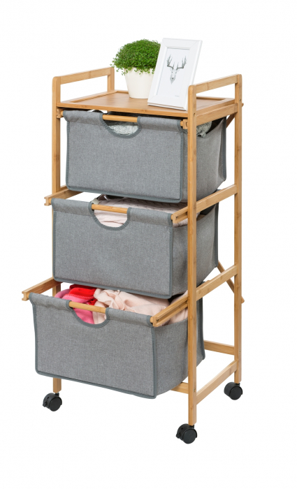 Raft mobil cu 3 cosuri pt. rufe murdare bambus-textil, Bahari [4]
