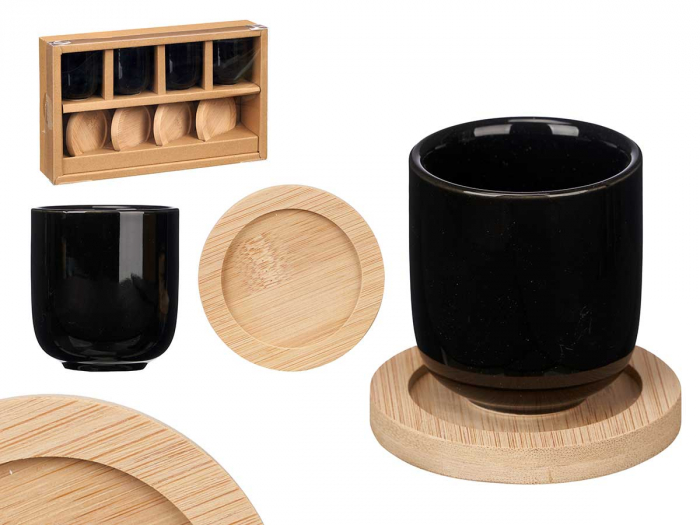 Set 4 pahare negre cafea din ceramica cu suport bambus [4]