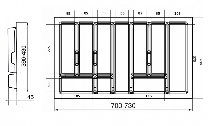 Suport organizare tacamuri Uni, alb, pentru latime exterioara corp 800 mm, montabil in sertar de bucatarie, 730x430 mm [4]