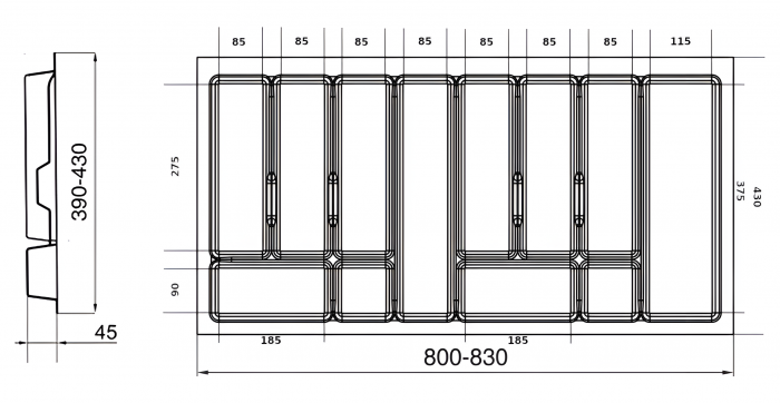 Suport organizare tacamuri Uni, alb, pentru latime exterioara corp 900 mm, montabil in sertar de bucatarie, 830x430 mm [4]