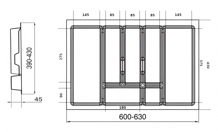Suport organizare tacamuri Uni, gri metalizat, pentru latime exterioara corp 700 mm, montabil in sertar de bucatarie, 630x430 mm [5]