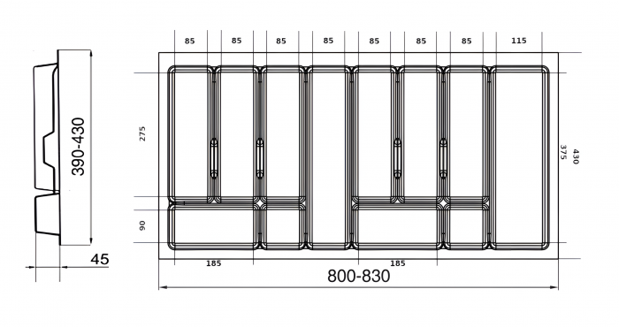 Suport organizare tacamuri Uni, gri metalizat, pentru latime exterioara corp 900 mm, montabil in sertar de bucatarie, 830x430 mm [4]