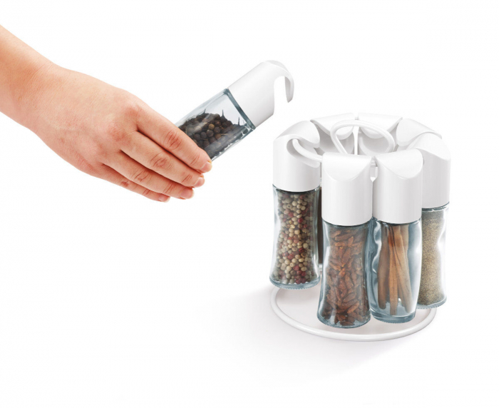 Suport pentru condimente carusel Spice 8 cu 8 recipiente din sticla cu capace albe [4]