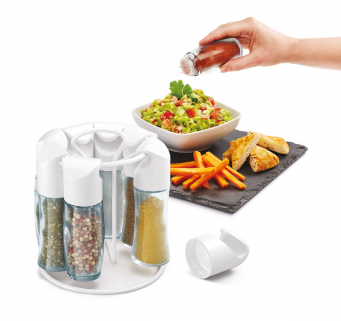Suport pentru condimente carusel Spice 8 cu 8 recipiente din sticla cu capace albe [3]