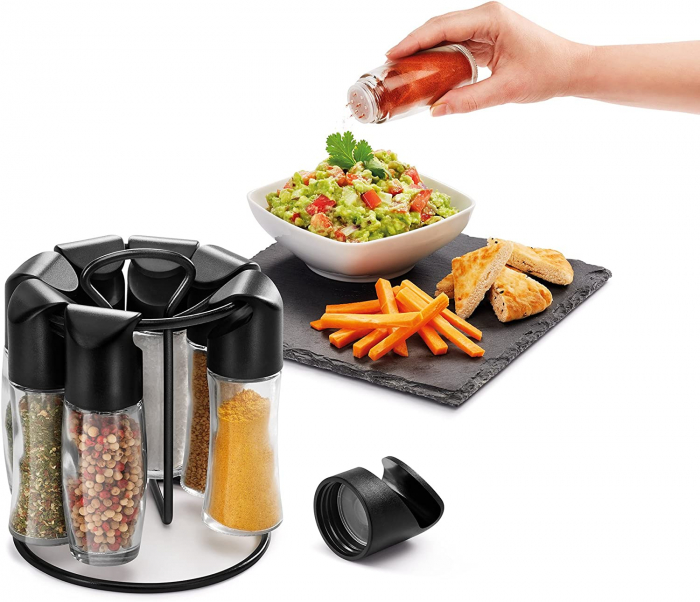 Suport pentru condimente carusel Spice 8 cu 8 recipiente din sticla cu capace negre [4]