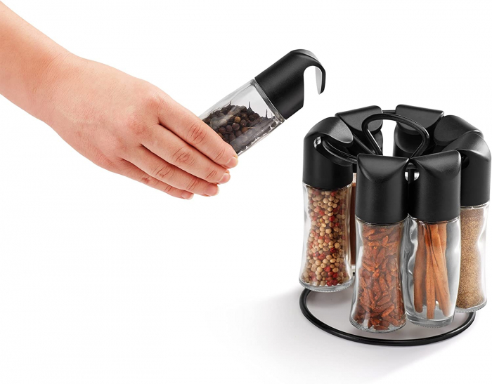 Suport pentru condimente carusel Spice 8 cu 8 recipiente din sticla cu capace negre [3]