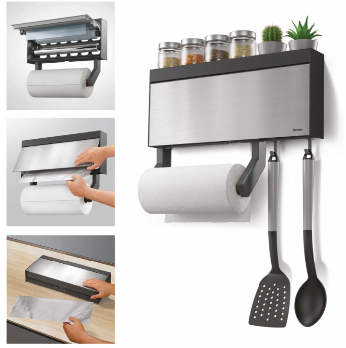 Suport rola hartie, folie aluminiu, folie alimentara si 6 carlige, Tango Inox [4]