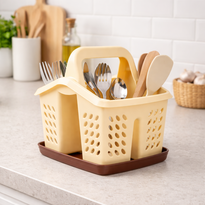 Suport/scurgator tacamuri si ustensile de bucatarie, maro/crem [3]