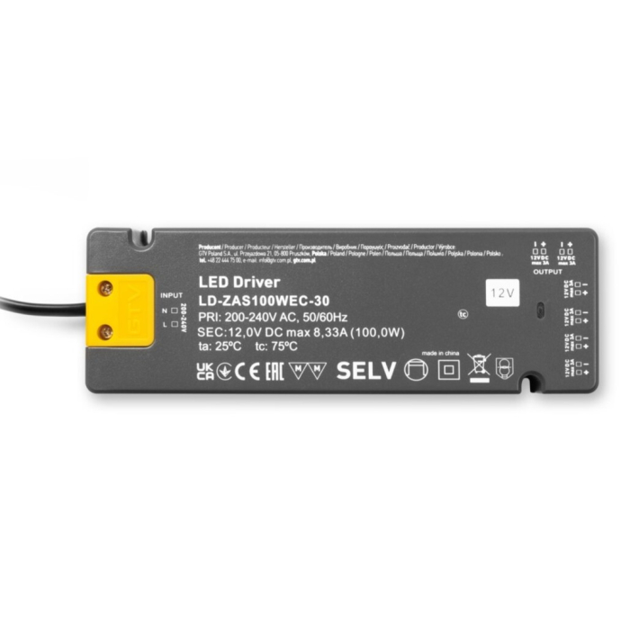 Transformator Easy Click GTV pentru bandă LED, 100W, 12V, IP20, 6 prize Mini AMP, cablu 1,5 m [2]
