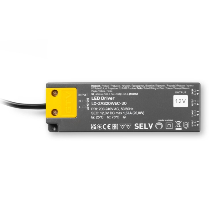 Transformator Easy Click GTV pentru bandă LED, 20W, 12V, IP20, 4 ieșiri Mini AMP, cablu 1,5 m [2]