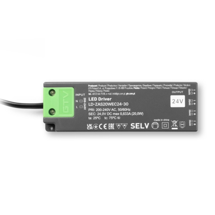 Transformator Easy Click GTV pentru bandă LED, 20W, 24V, IP20, 4 ieșiri Mini AMP, cablu 1,5 m [2]