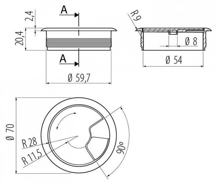 Trecere din plastic pentru cablu PLF, finisaj gri, Ø60 mm [3]