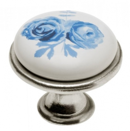Butoni - Buton pentru mobilier cu insertie ceramica floare albastra, finisaj argint antichizat GT, D:26.5 mm