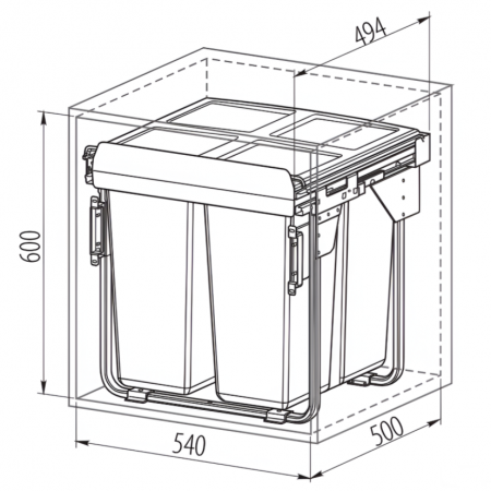 Cos de gunoi cu montaj pe front, Practi Eco incorporabil cu 2 compartimente x 34 L, pentru corp de 600 mm, gri antracit [1]