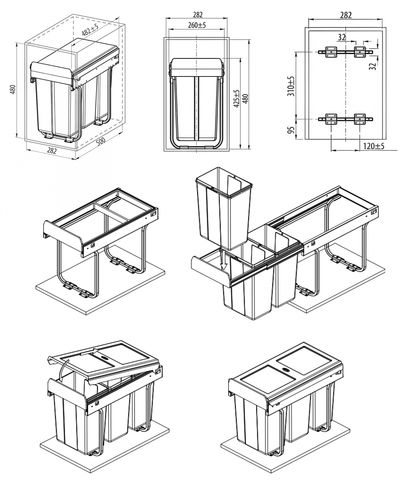 Cos de gunoi Practi Eco incorporabil cu 3 compartimente x 10 L, pentru corp de 300 mm, gri antracit [8]
