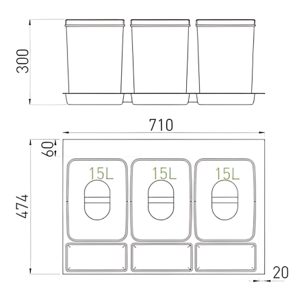 Cos de gunoi Praktico incorporabil in sertar, colectare selectiva cu 3 recipiente, pentru corp de 800 mm latime [2]